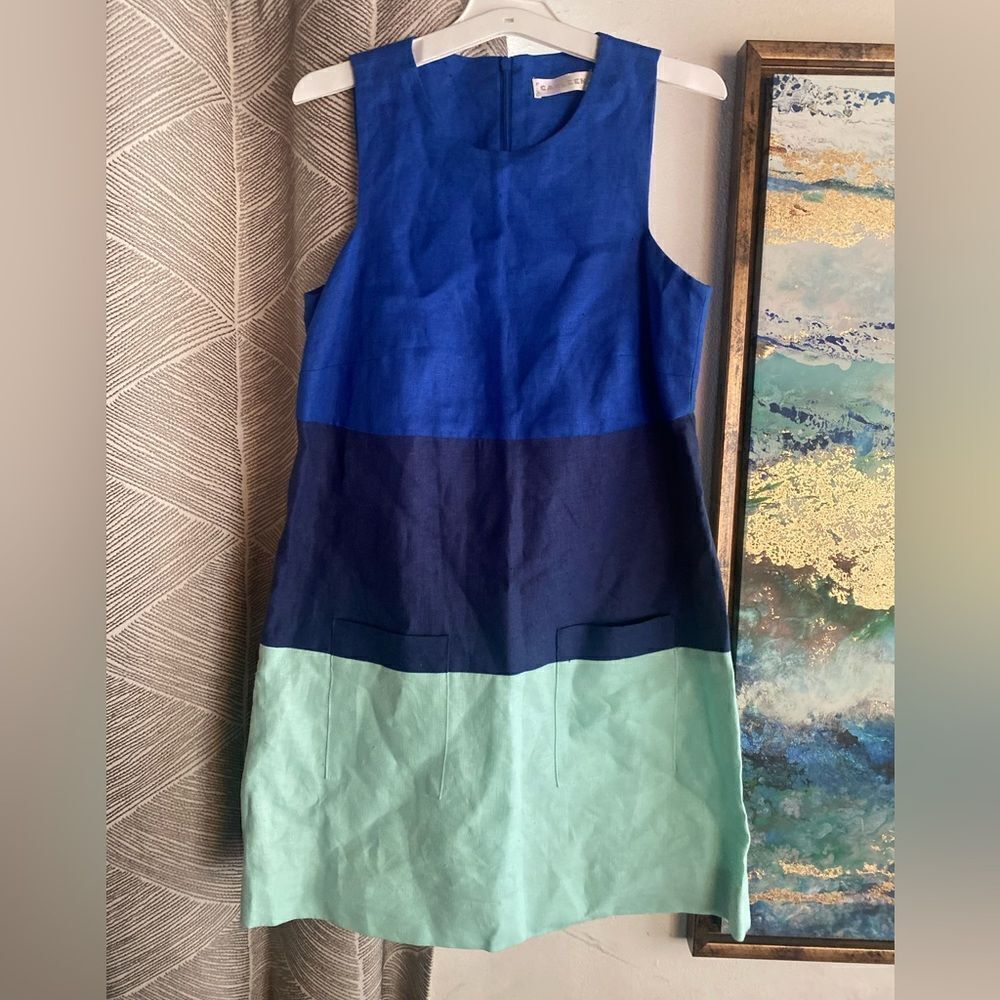 Carleen Tritone Colorblock Linen Shift Mini  Dress  Sz XS Petite Pocket Front